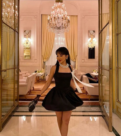 Chic Black Halter Square Neck Satin A Line Short Homecoming Dress With White Side Bow AS2611