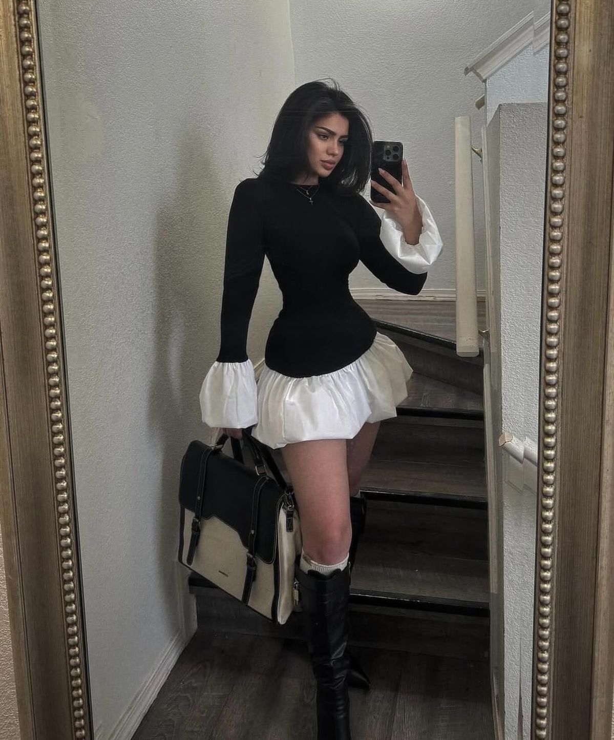 Chic Black White Contrast High Neck Long Sleeve Bodycon Ruffle Hem Short Homecoming Dress AS2612