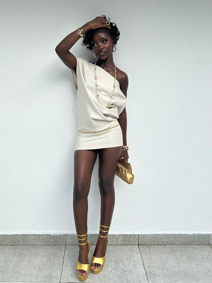 Sleek Ivory One Shoulder Draped Bodycon Short Homecoming Dress AS2614