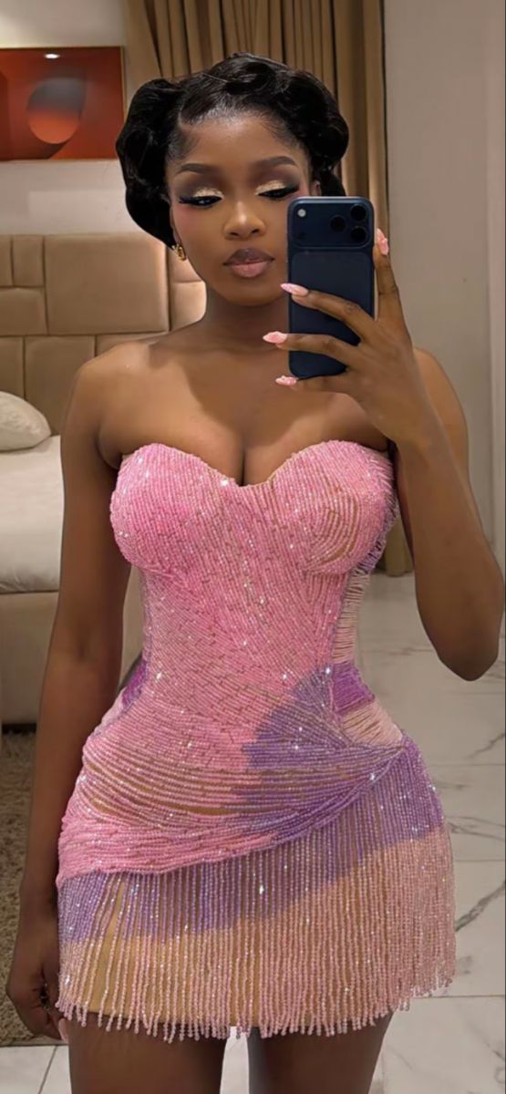 Dazzling Pink Lavender Strapless Sweetheart Beaded Fringe Bodycon Short Homecoming Dress AS2615