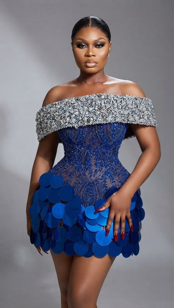 Luxe Royal Blue Off Shoulder Beaded Corset A Line Short Homecoming Dress With Large Circular Sequins AS2616