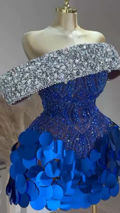 Luxe Royal Blue Off Shoulder Beaded Corset A Line Short Homecoming Dress With Large Circular Sequins AS2616
