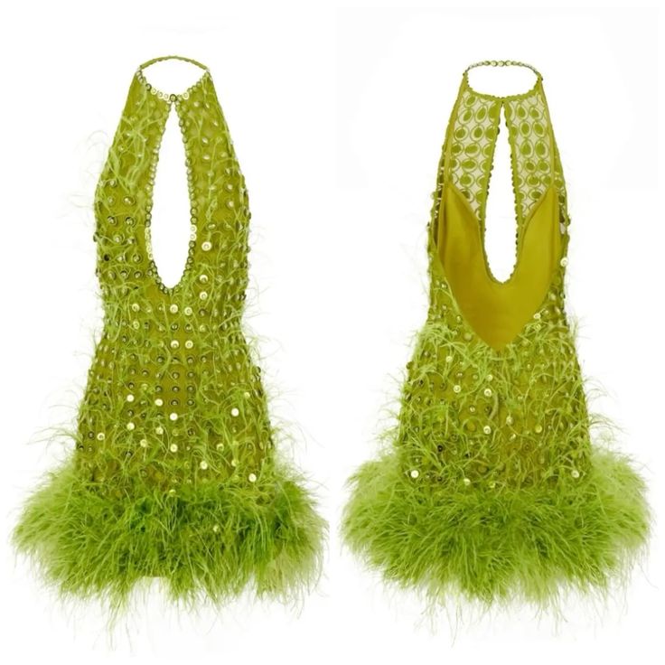 Eye-catching Green Halter Keyhole Cutout Beaded Sequin Feather Trim Bodycon Short Homecoming Dress AS2619
