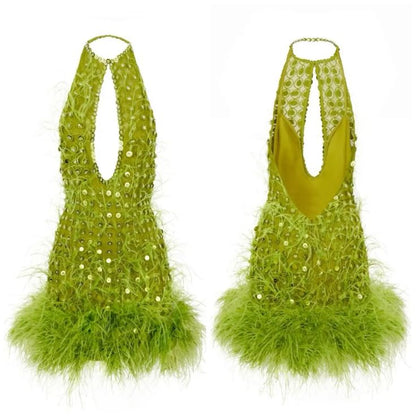 Eye-catching Green Halter Keyhole Cutout Beaded Sequin Feather Trim Bodycon Short Homecoming Dress AS2619