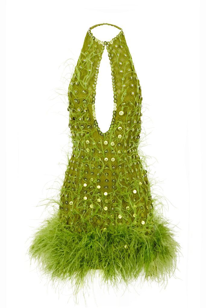 Eye-catching Green Halter Keyhole Cutout Beaded Sequin Feather Trim Bodycon Short Homecoming Dress AS2619