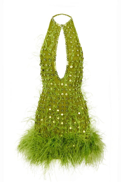 Eye-catching Green Halter Keyhole Cutout Beaded Sequin Feather Trim Bodycon Short Homecoming Dress AS2619