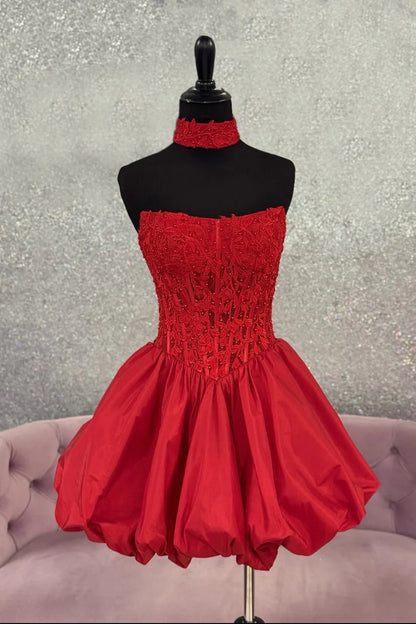 Strapless Red Lace Corset Homecoming Dress With Bubble Hem And Matching Choker AS262