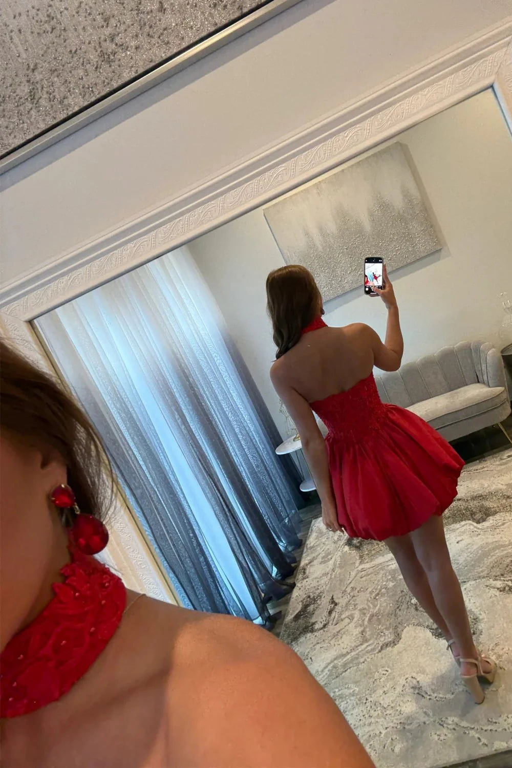Strapless Red Lace Corset Homecoming Dress With Bubble Hem And Matching Choker AS262