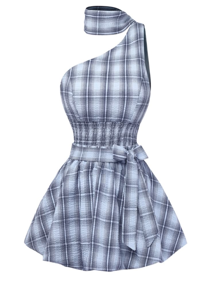 Chic Grey Plaid One Shoulder Halter Choker Waist Bow Tie A-line Short Homecoming Dress AS2623