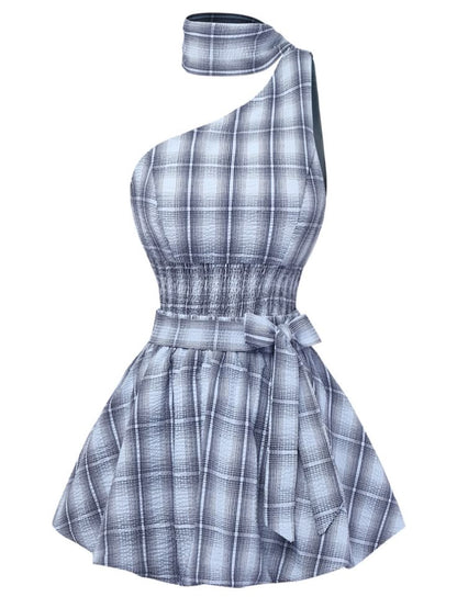 Chic Grey Plaid One Shoulder Halter Choker Waist Bow Tie A-line Short Homecoming Dress AS2623