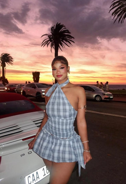 Chic Grey Plaid One Shoulder Halter Choker Waist Bow Tie A-line Short Homecoming Dress AS2623