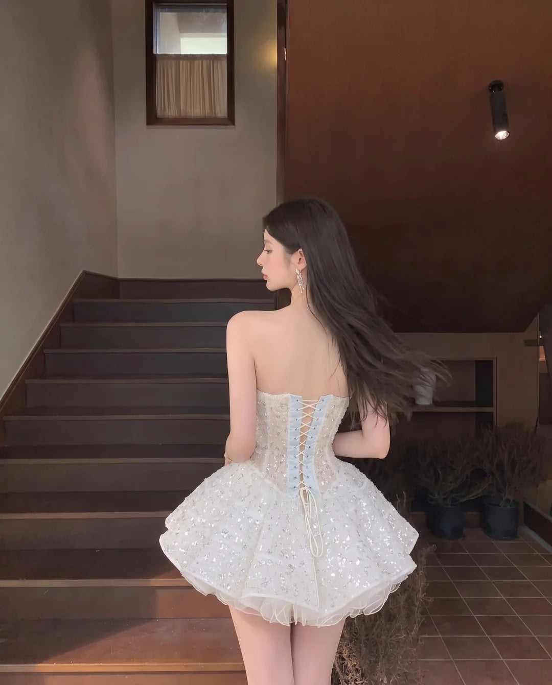 Gorgeous White Strapless Sweetheart 3D Floral Sequin Beaded Corset Ruffle Tulle A Line Short Homecoming Dress AS2624