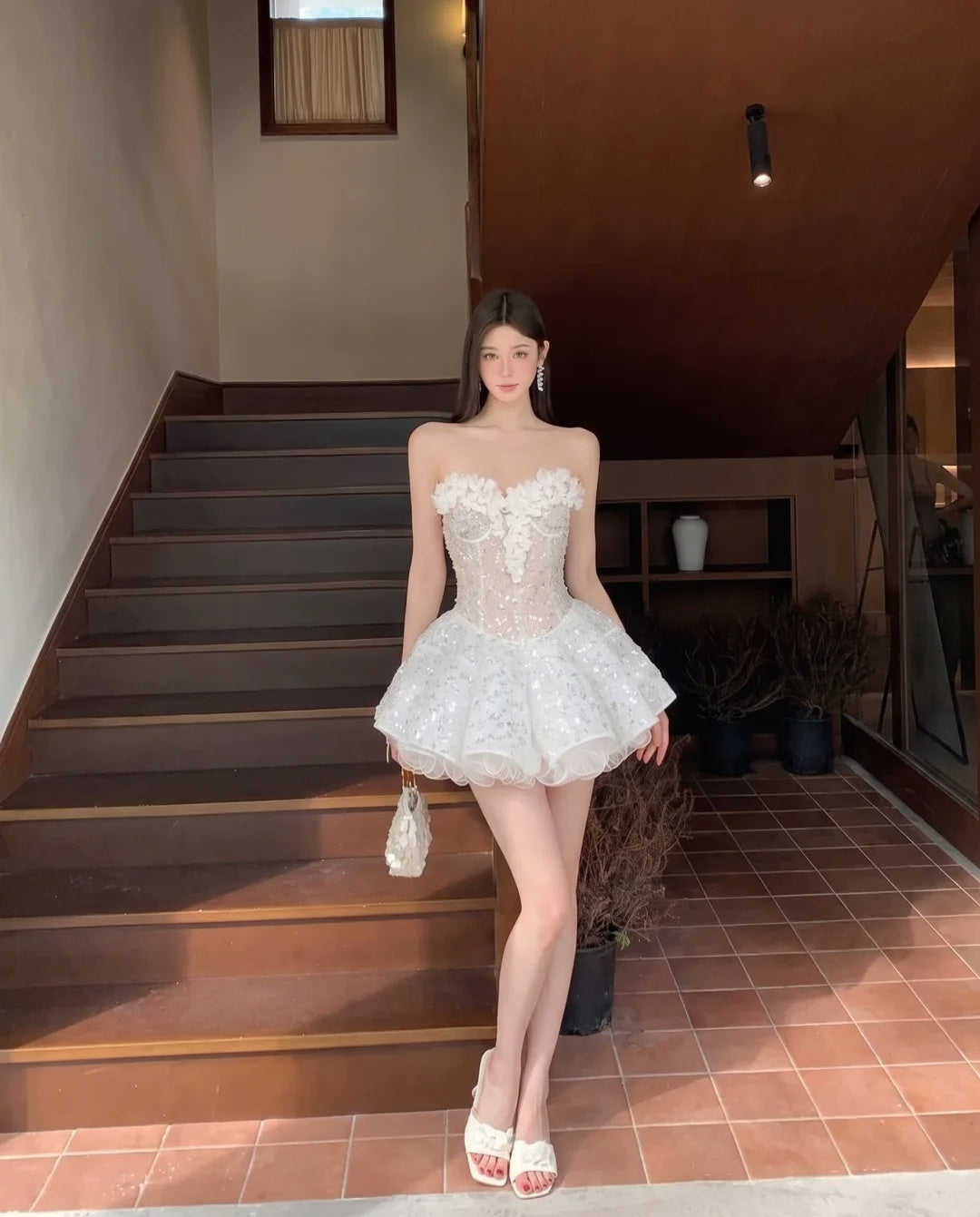 Gorgeous White Strapless Sweetheart 3D Floral Sequin Beaded Corset Ruffle Tulle A Line Short Homecoming Dress AS2624