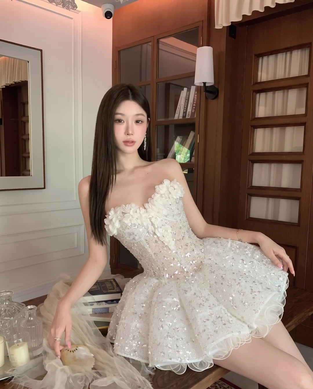 Gorgeous White Strapless Sweetheart 3D Floral Sequin Beaded Corset Ruffle Tulle A Line Short Homecoming Dress AS2624