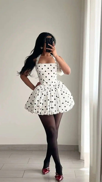 Chic White Black Polka Dot Halter Bubble Hem A Line Short Homecoming Dress AS2627