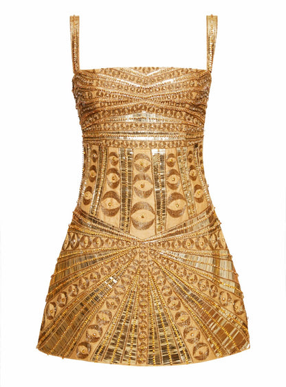 Opulent Gold Square Neck Strap Beaded Bodycon Short Homecoming Dress AS2629