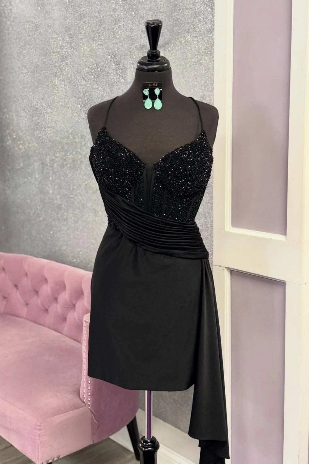 Black Beaded Spaghetti Strap Corset Mini Homecoming Dress With Draped Side Sash AS263