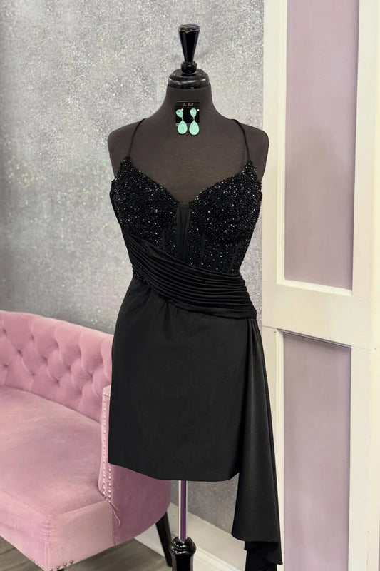 Black Beaded Spaghetti Strap Corset Mini Homecoming Dress With Draped Side Sash AS263