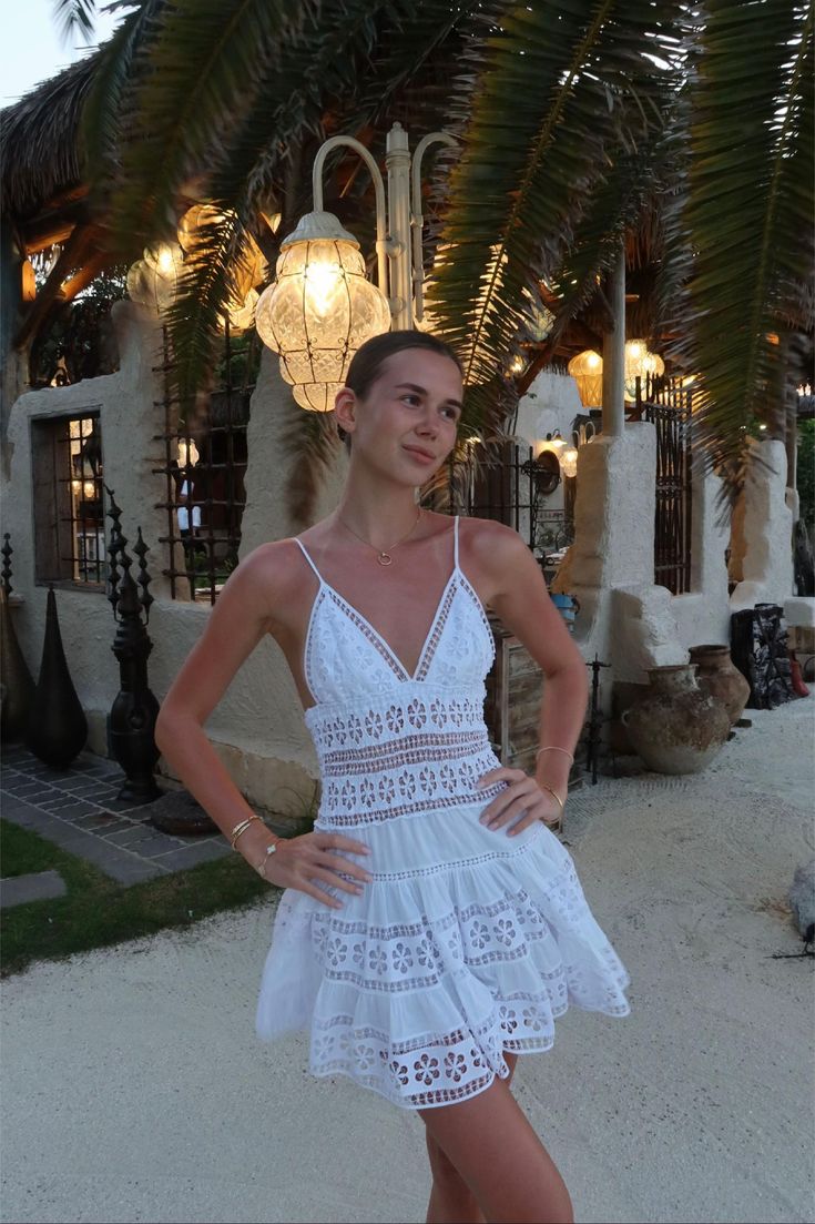 Dainty White Spaghetti Strap Deep V Floral Eyelet A Line Short Homecoming Dress AS2630
