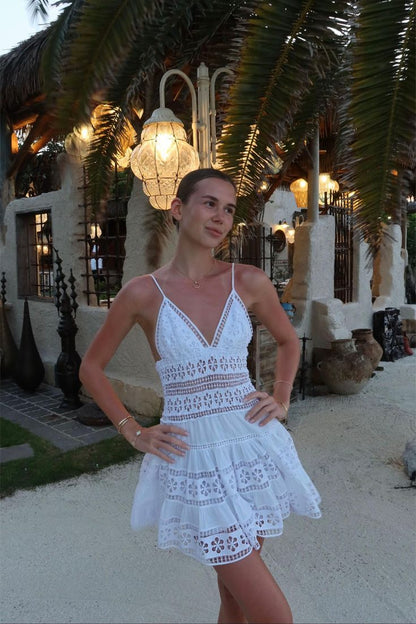 Dainty White Spaghetti Strap Deep V Floral Eyelet A Line Short Homecoming Dress AS2630