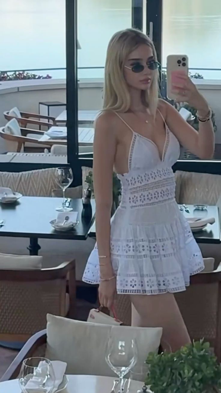 Dainty White Spaghetti Strap Deep V Floral Eyelet A Line Short Homecoming Dress AS2630