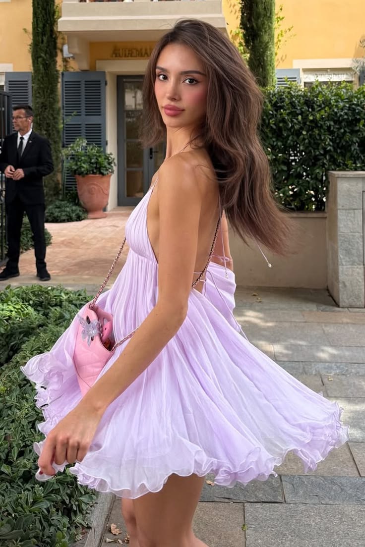 Romantic Lavender Halter Deep V Neck Crinkled Chiffon Flowy A Line Short Homecoming Dress AS2634