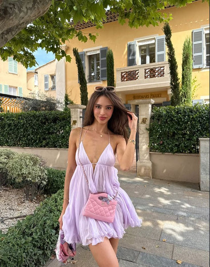Romantic Lavender Halter Deep V Neck Crinkled Chiffon Flowy A Line Short Homecoming Dress AS2634