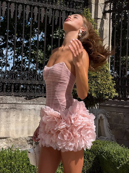 Glam Pink Strapless Ruched Tulle Corset 3D Oversized Floral Petal Bodycon Short Homecoming Dress AS2635