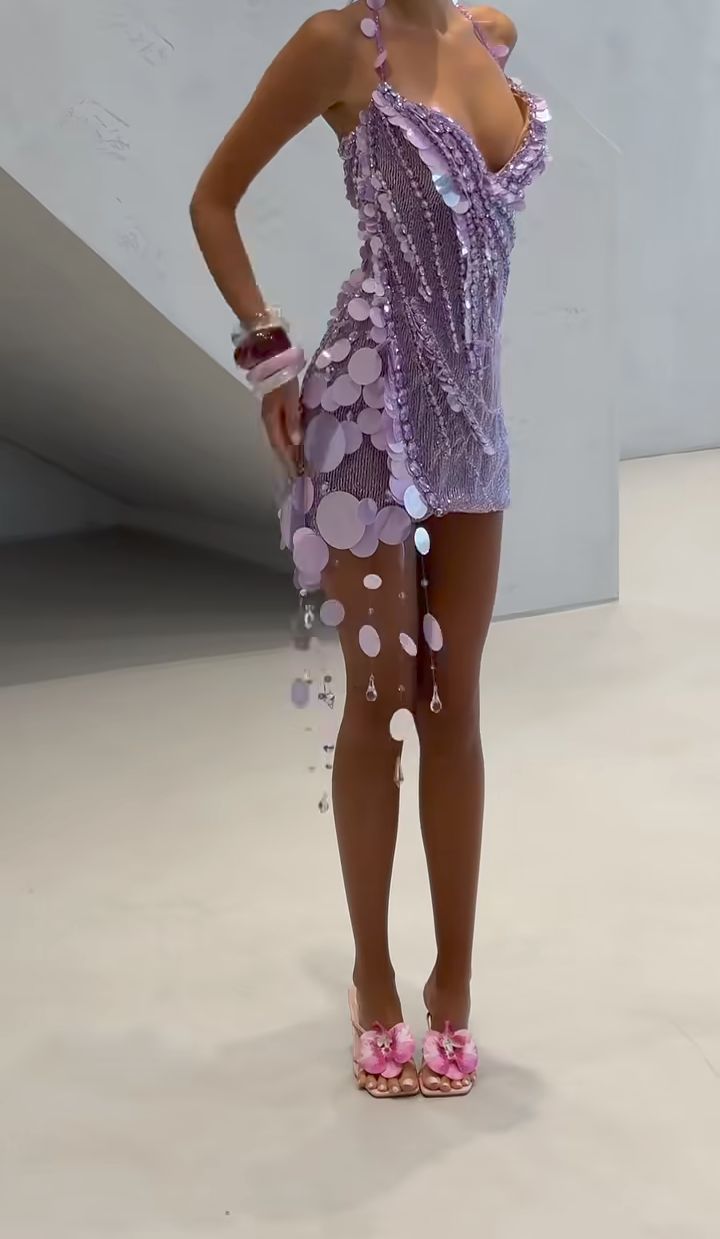 Dazzling Lavender Halter V Neck Large Circular Sequin Fringe Beaded Bodycon Short Homecoming Dress AS2638