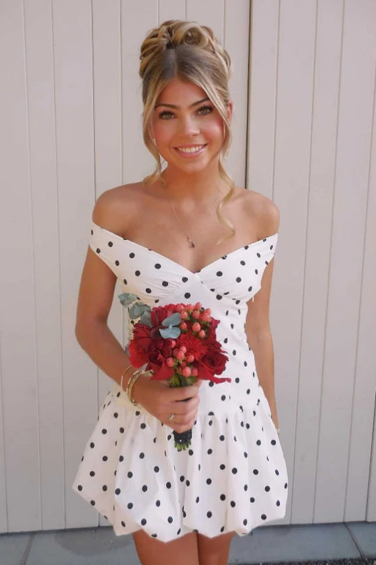 Unique White Black Polka Dot Off The Shoulder Open Back Ruched Bubble Hem A Line Short Homecoming Dress AS2639