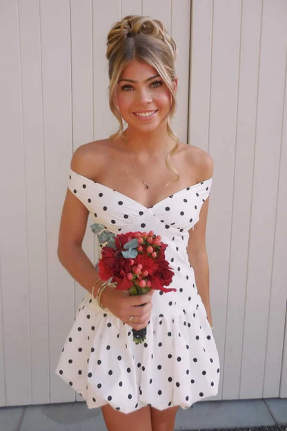 Unique White Black Polka Dot Off The Shoulder Open Back Ruched Bubble Hem A Line Short Homecoming Dress AS2639