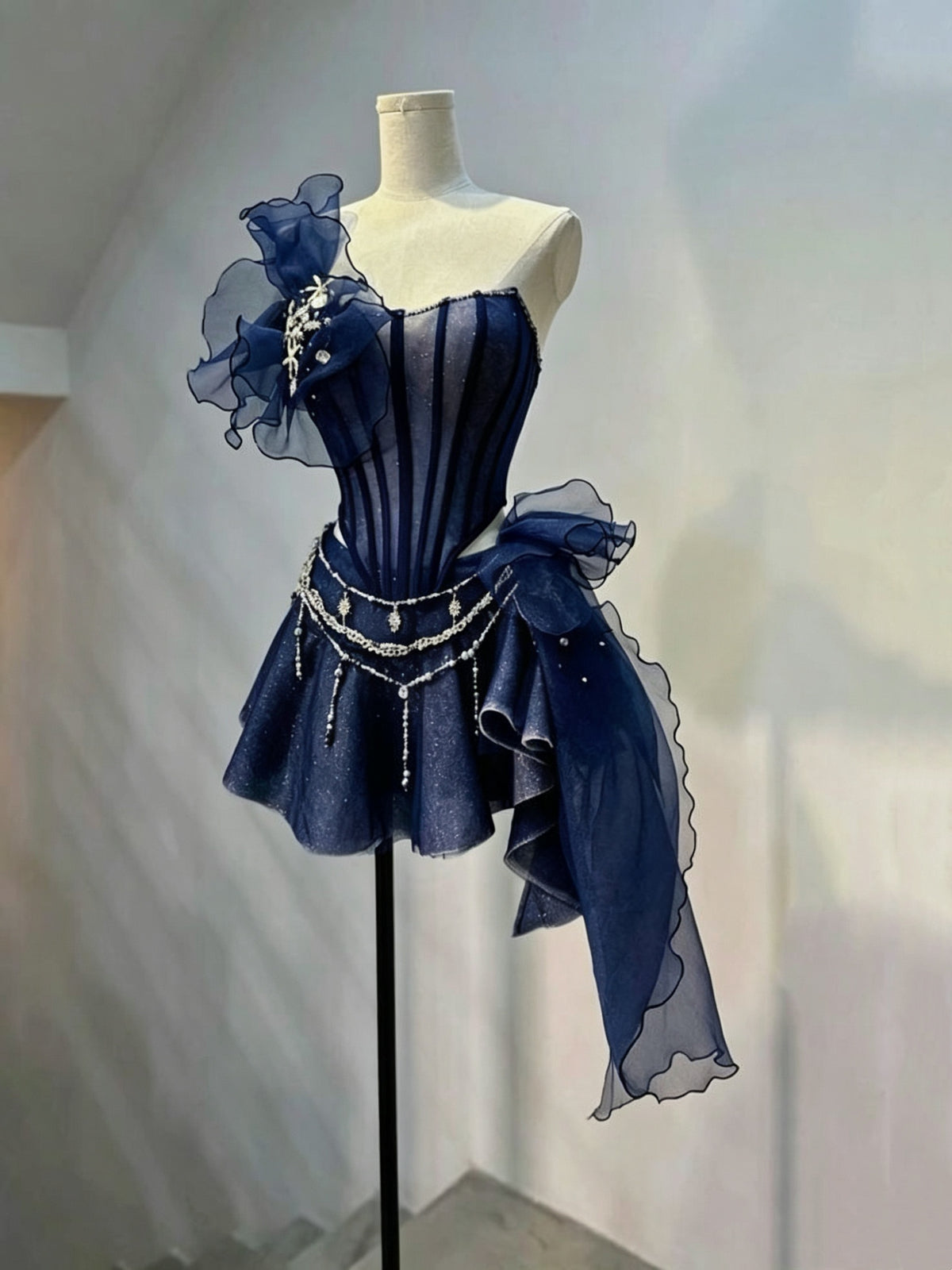Stunning Ivory Strapless Glitter Corset One Side Ruffle Tulle Floral Beaded Chain A Line Short Homecoming Dress AS2640