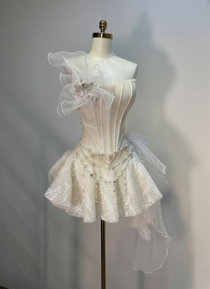 Stunning Ivory Strapless Glitter Corset One Side Ruffle Tulle Floral Beaded Chain A Line Short Homecoming Dress AS2640