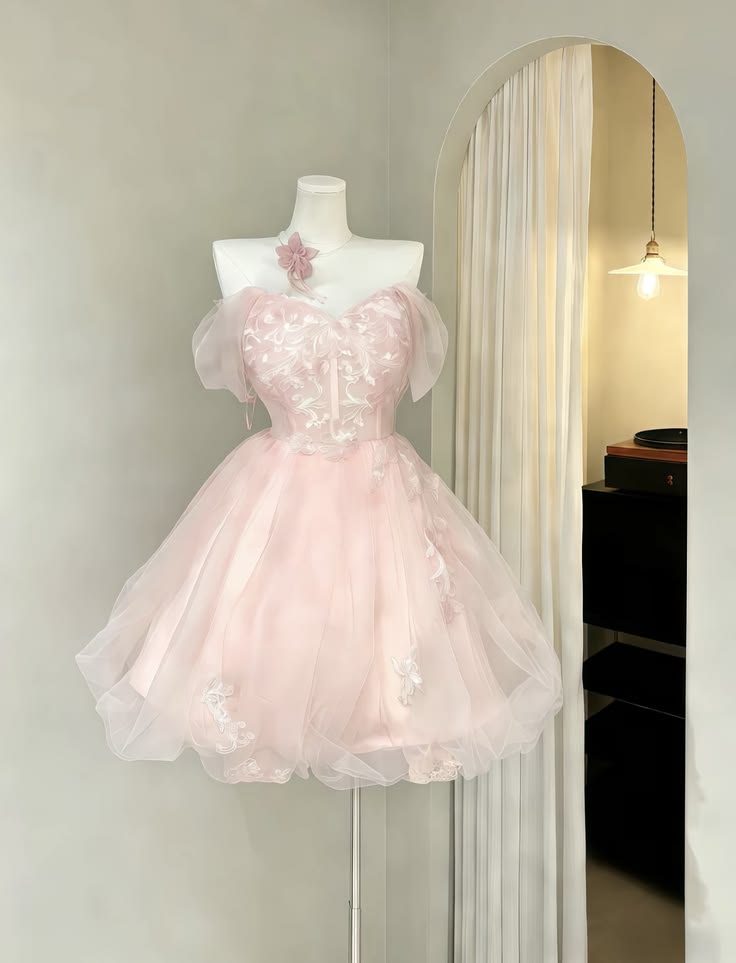 Gorgeous Pink Off The Shoulder Corset Floral Appliques Fluffy Tulle A Line Short Homecoming Dress AS2641