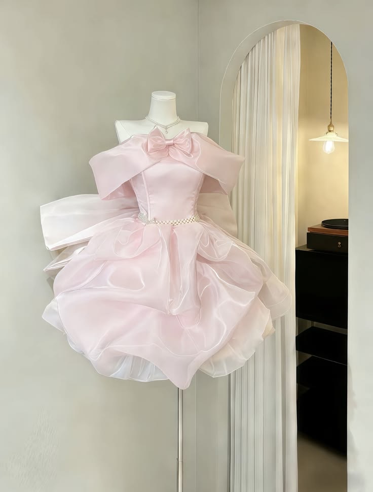 Lovely Pink Off The Shoulder Satin Corset Big Bow Beaded Waist Fluffy Runched Organza A Line Short Homecoming Dress AS2642