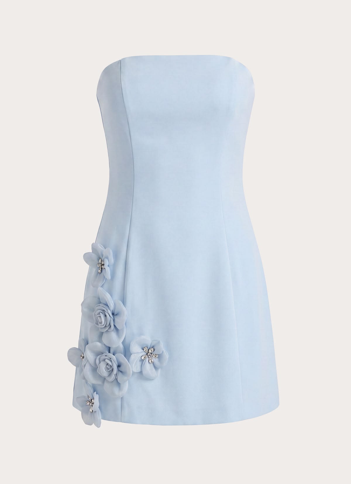 Chic Light Blue Strapless Satin Bodycon Short Homecoming Dress With 3D Floral Appliques AS2643