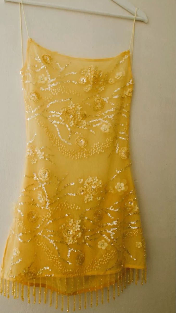 Stunning Yellow Spaghetti Strap 3D Floral Beaded Fringe Hem Bodycon Short Homecoming Dress AS2645