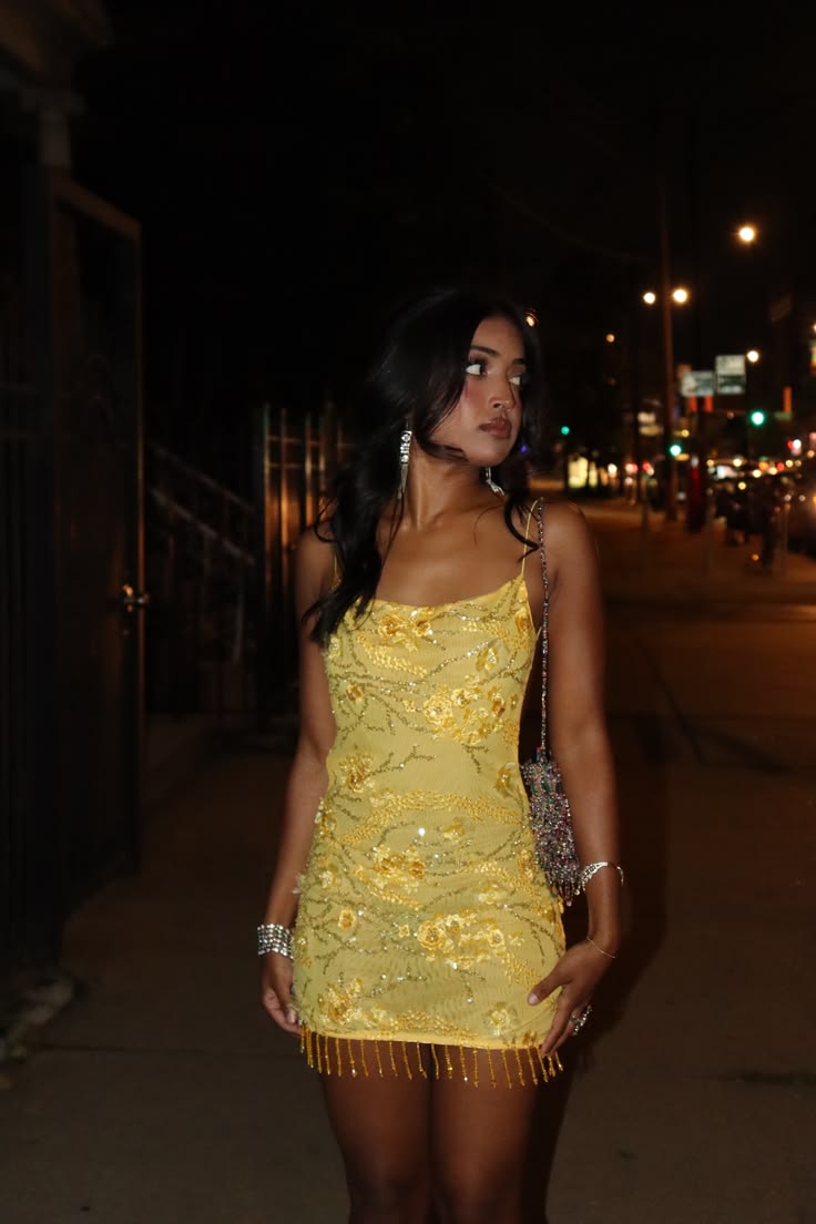 Stunning Yellow Spaghetti Strap 3D Floral Beaded Fringe Hem Bodycon Short Homecoming Dress AS2645