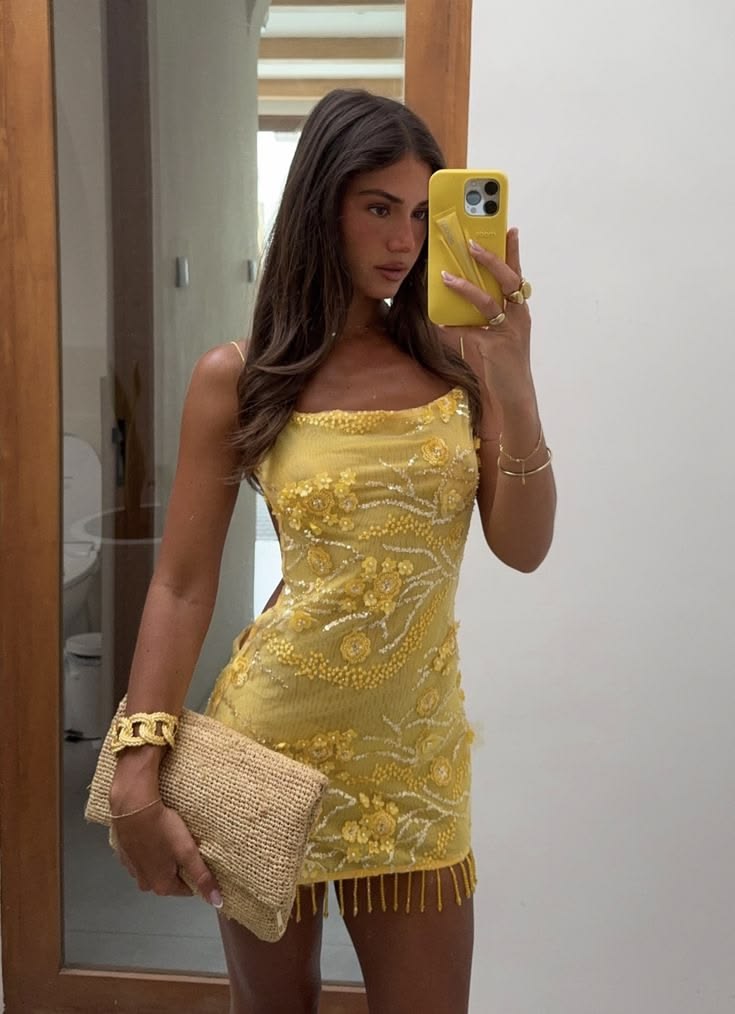 Stunning Yellow Spaghetti Strap 3D Floral Beaded Fringe Hem Bodycon Short Homecoming Dress AS2645