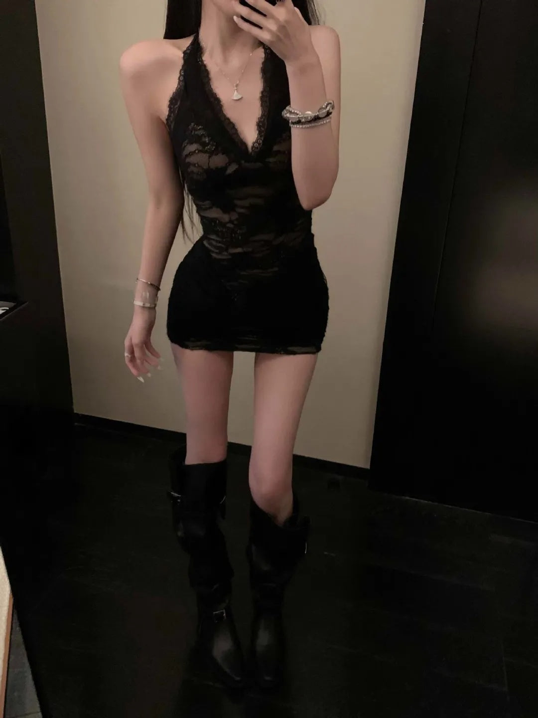 Glam Black Halter Deep V Neck Sheer Lace Side Twist Ruched Bodycon Short Homecoming Dress AS2646