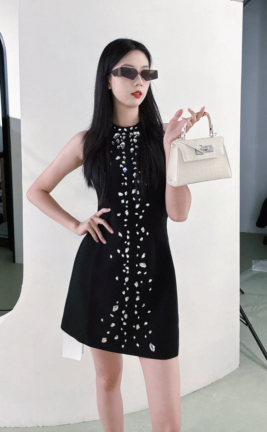 Elegant Black Sleeveless Mock Neck Large Rhinestone Embellished A-Line Short Homecoming Dress AS2647