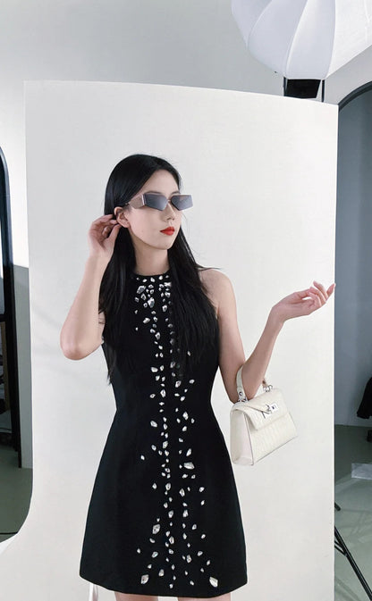 Elegant Black Sleeveless Mock Neck Large Rhinestone Embellished A-Line Short Homecoming Dress AS2647