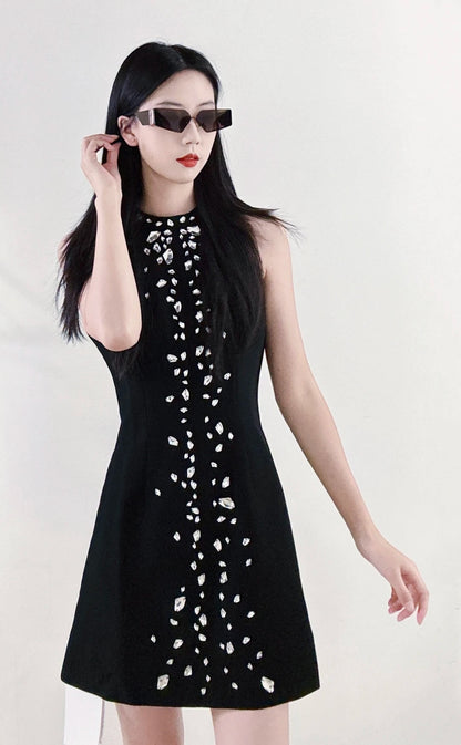 Elegant Black Sleeveless Mock Neck Large Rhinestone Embellished A-Line Short Homecoming Dress AS2647