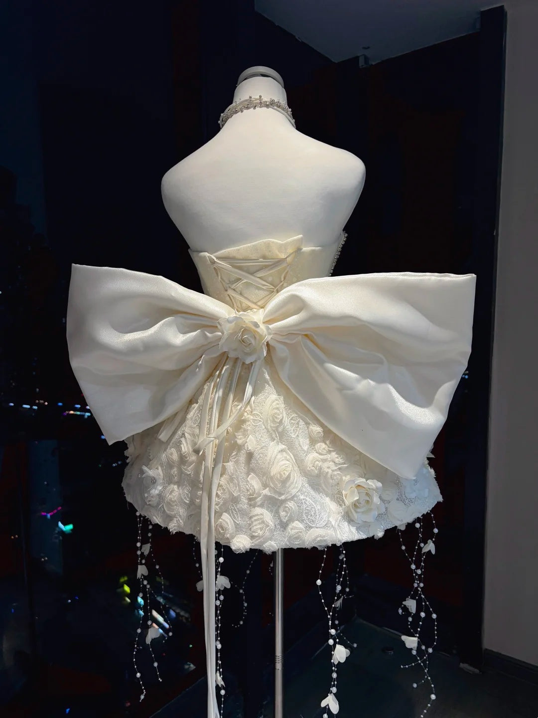 Dreamy Ivory Strapless Sweetheart Corset Heavy Rhinestone Beaded 3D Floral Big Bow Tassel A Line Short Homecoming Dress AS2648