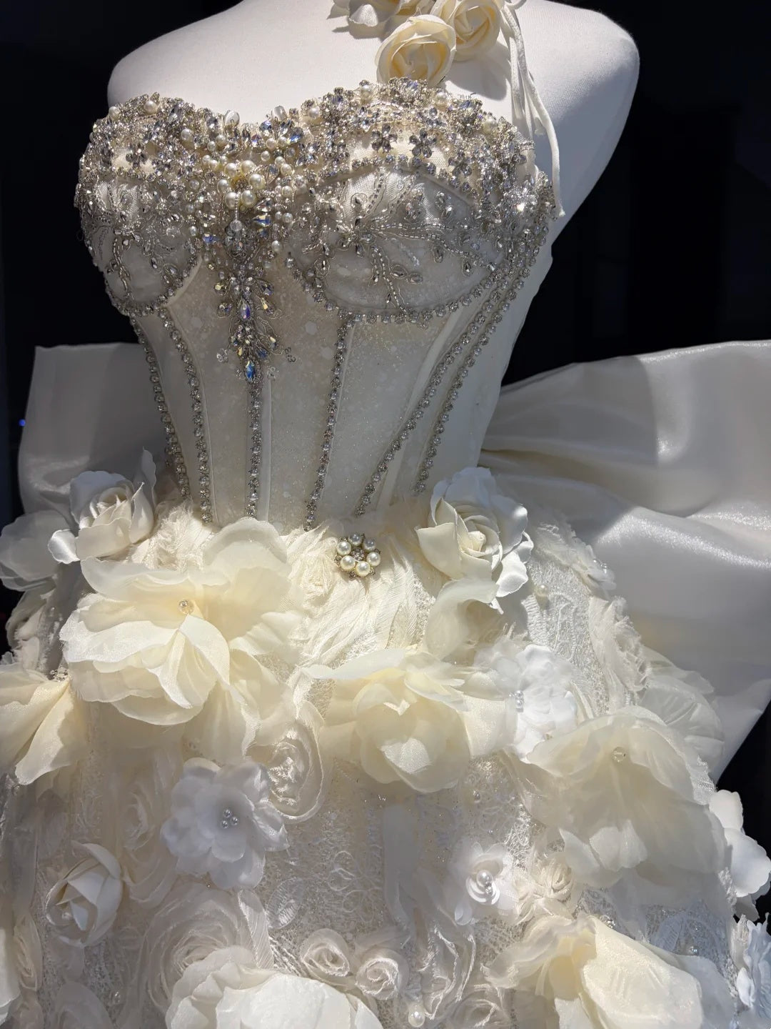 Dreamy Ivory Strapless Sweetheart Corset Heavy Rhinestone Beaded 3D Floral Big Bow Tassel A Line Short Homecoming Dress AS2648
