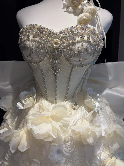 Dreamy Ivory Strapless Sweetheart Corset Heavy Rhinestone Beaded 3D Floral Big Bow Tassel A Line Short Homecoming Dress AS2648