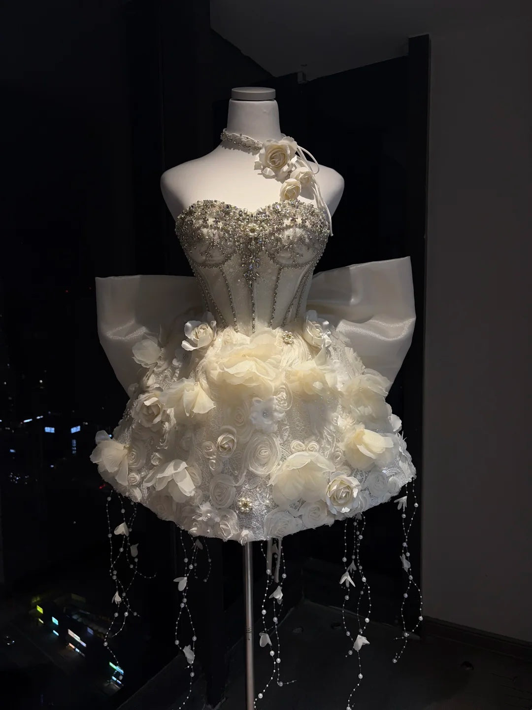Dreamy Ivory Strapless Sweetheart Corset Heavy Rhinestone Beaded 3D Floral Big Bow Tassel A Line Short Homecoming Dress AS2648