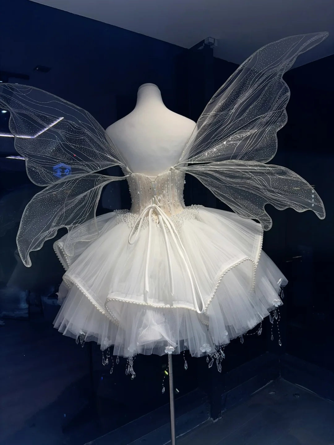 Enchanting White Strapless Pearl Beaded Corset Voluminous Ruffled Tulle Crystal Droplets A Line Short Homecoming Dress AS2649