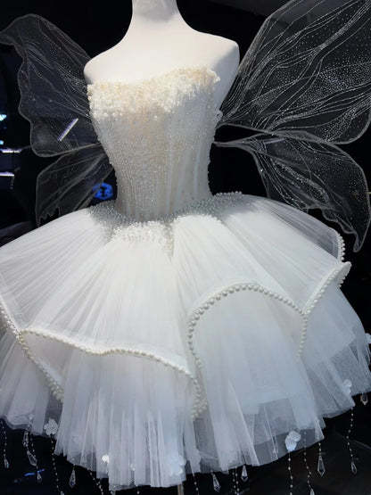 Enchanting White Strapless Pearl Beaded Corset Voluminous Ruffled Tulle Crystal Droplets A Line Short Homecoming Dress AS2649