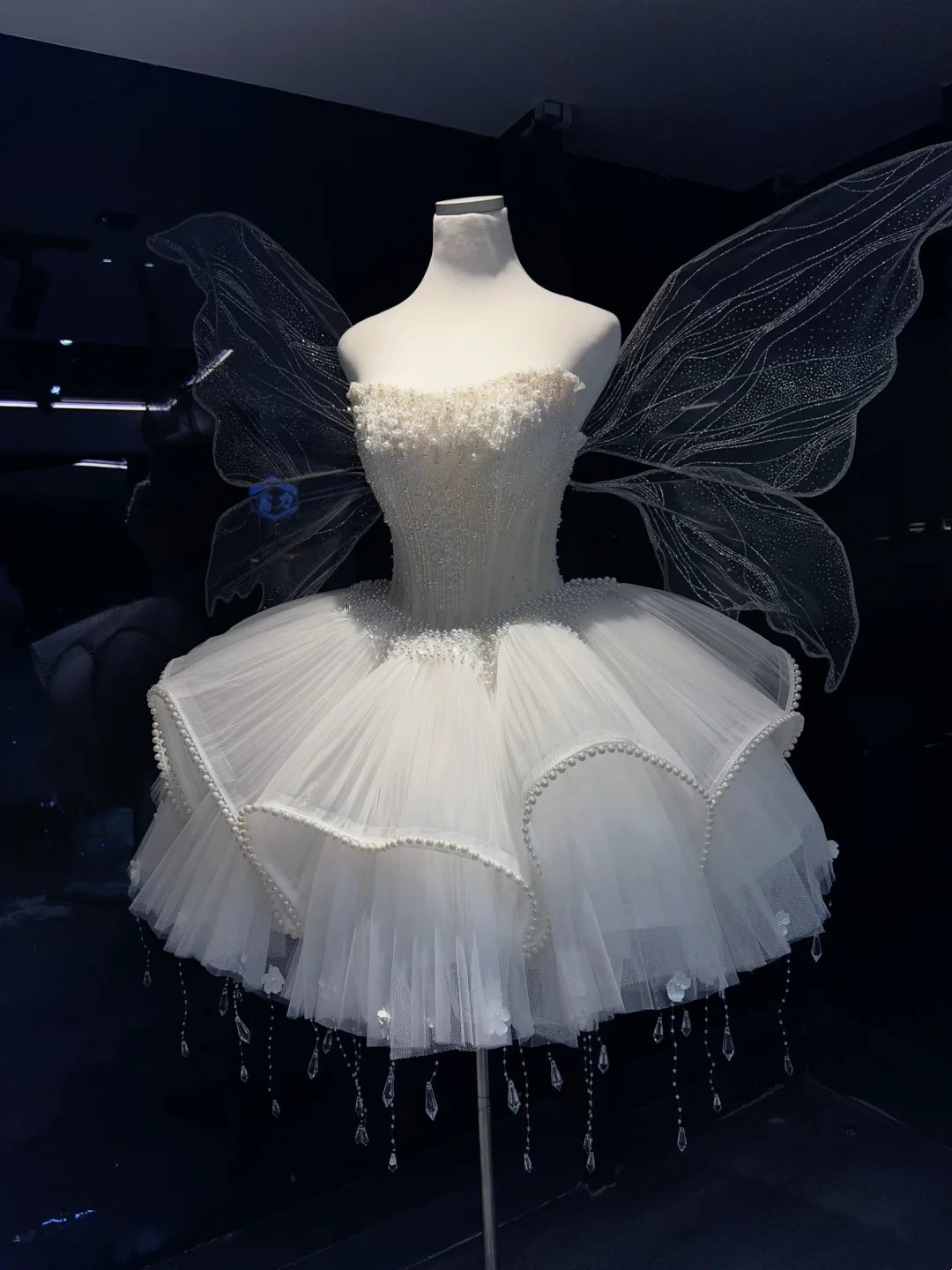 Enchanting White Strapless Pearl Beaded Corset Voluminous Ruffled Tulle Crystal Droplets A Line Short Homecoming Dress AS2649